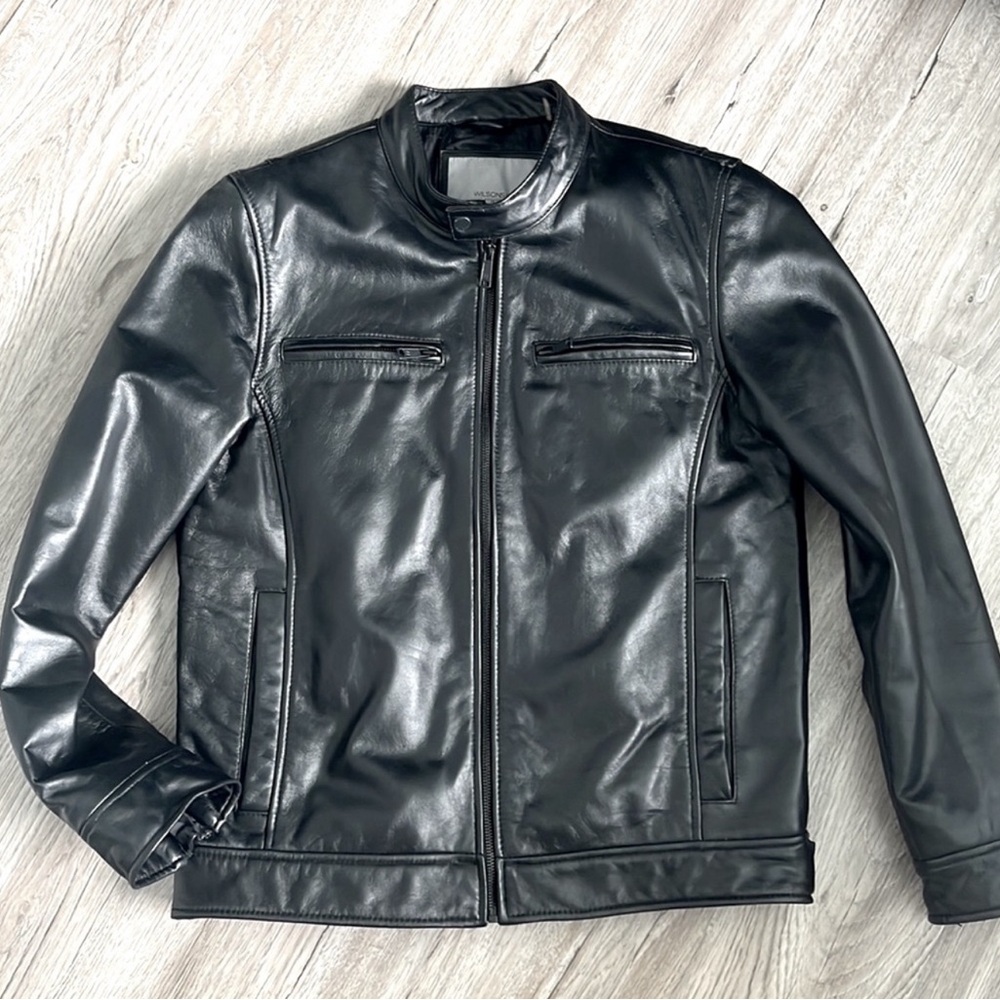 Classic Wilson’s black leather cafe racer motorcycle jacket